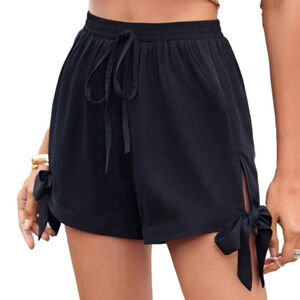 Elastic Waist Black Shorts with Side Cut Outs and Bows